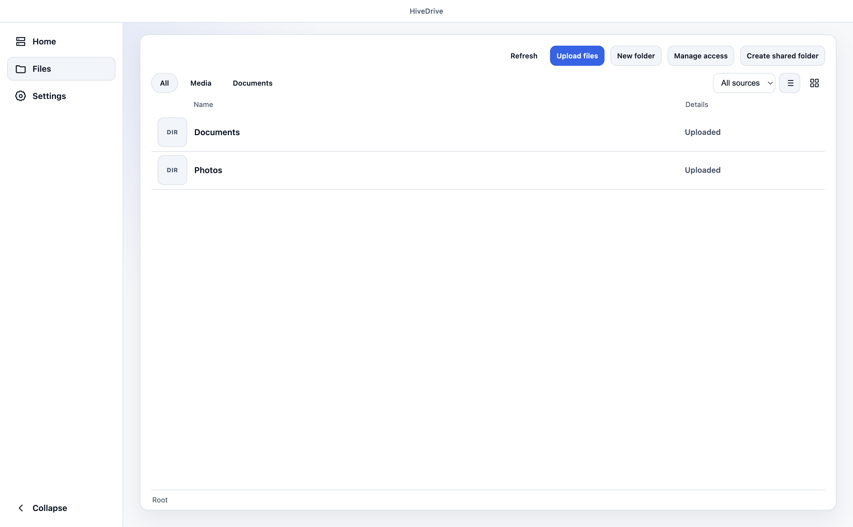 HiveDrive desktop file browser with Documents and Photos folders.
