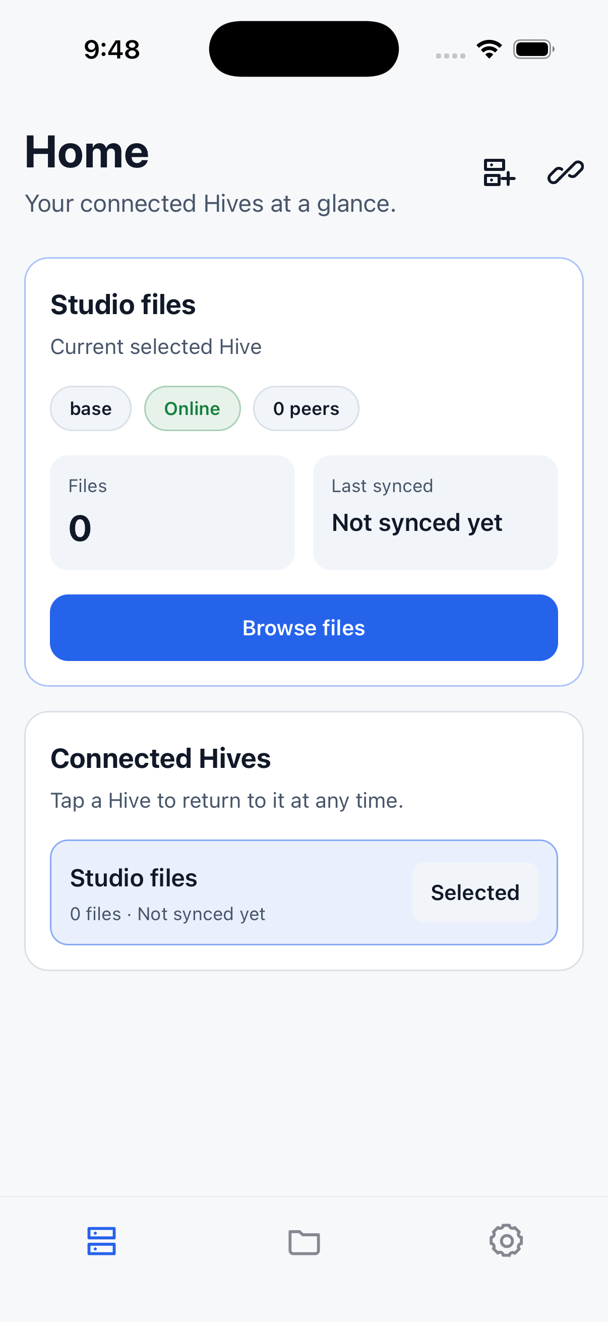 HiveDrive iOS Home screen showing the Studio files example Hive.